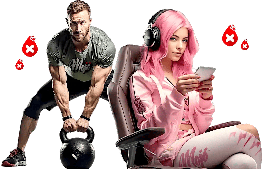 رجل يرفع kettlebell بجانب فتاة لاعبة ألعاب بملابس MOJO الرياضية