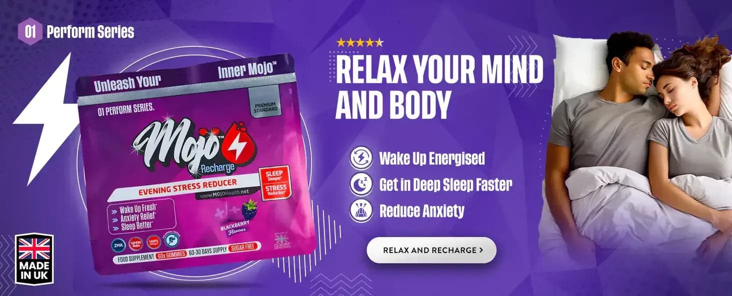 Mojo Recharge — مقلل الإجهاد المسائي: استرخِ وهدّئ عقلك وجسدك، استيقظ منتعشاً، ادخل في النوم العميق بسرعة، قلل القلق. استرخِ وأعد شحن طاقتك.