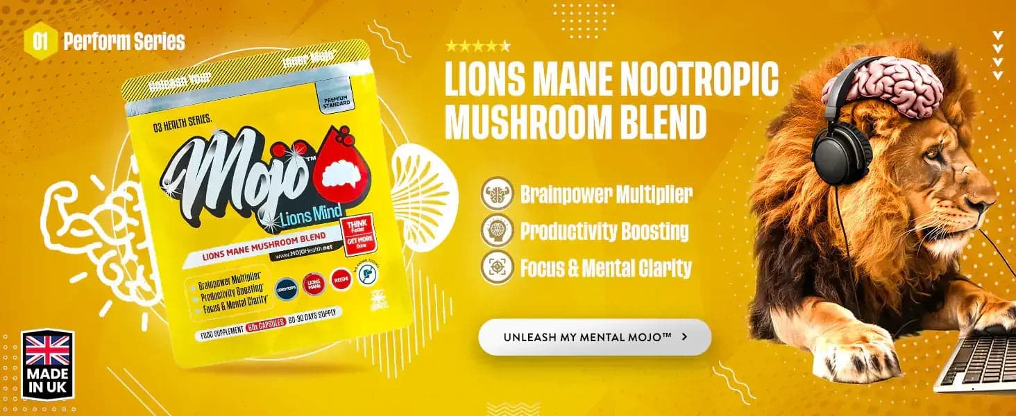 Mojo Lions Mind — مزيج فطر عرف الأسد الذاكري: معزز قوة الدماغ، تعزيز الإنتاجية، التركيز والوضوح العقلي. أطلق العنان لقوة Mojo العقلية لديّ.