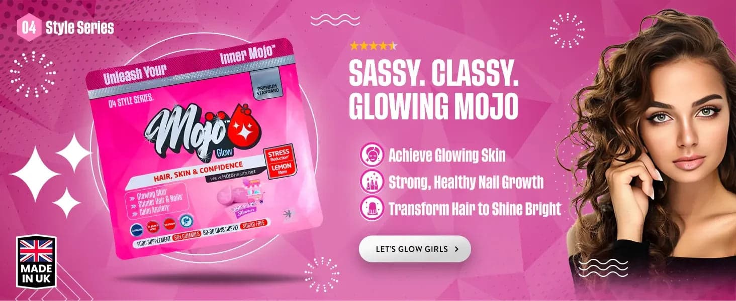 Mojo Glow — الشعر والبشرة والثقة: Mojo عصري وراقي وحريري: حقق بشرة متوهجة، نمو أظافر قوي وصحي، حوّل شعرك ليشع بألق. دعينا نتألق يا فتيات.